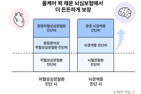 올케어 꽉 채운 뇌심보험에서 더 든든하게 보장에 관련이미지 설명이며 허혈성심장질환 진단시 중증허혈성심장질환 진단비, 중등증이상 허혈성심장질환 진단비, 허혈성심장질환 진단비 이며 뇌경색증 진단시 중증 뇌경색증 진단비, 뇌경색증 진단비, 뇌혈관질환 진단비를 보여줍니다 *특약 가입 시