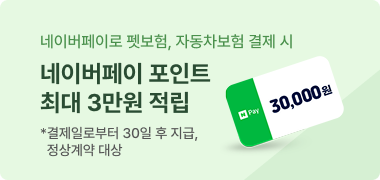 네이버페이로 펫보험, 자동차보험 결제 시 네이버페이 포인트 최대 3만원 적립 *결제일로부터 30일 후 지급, 정상계약 대상